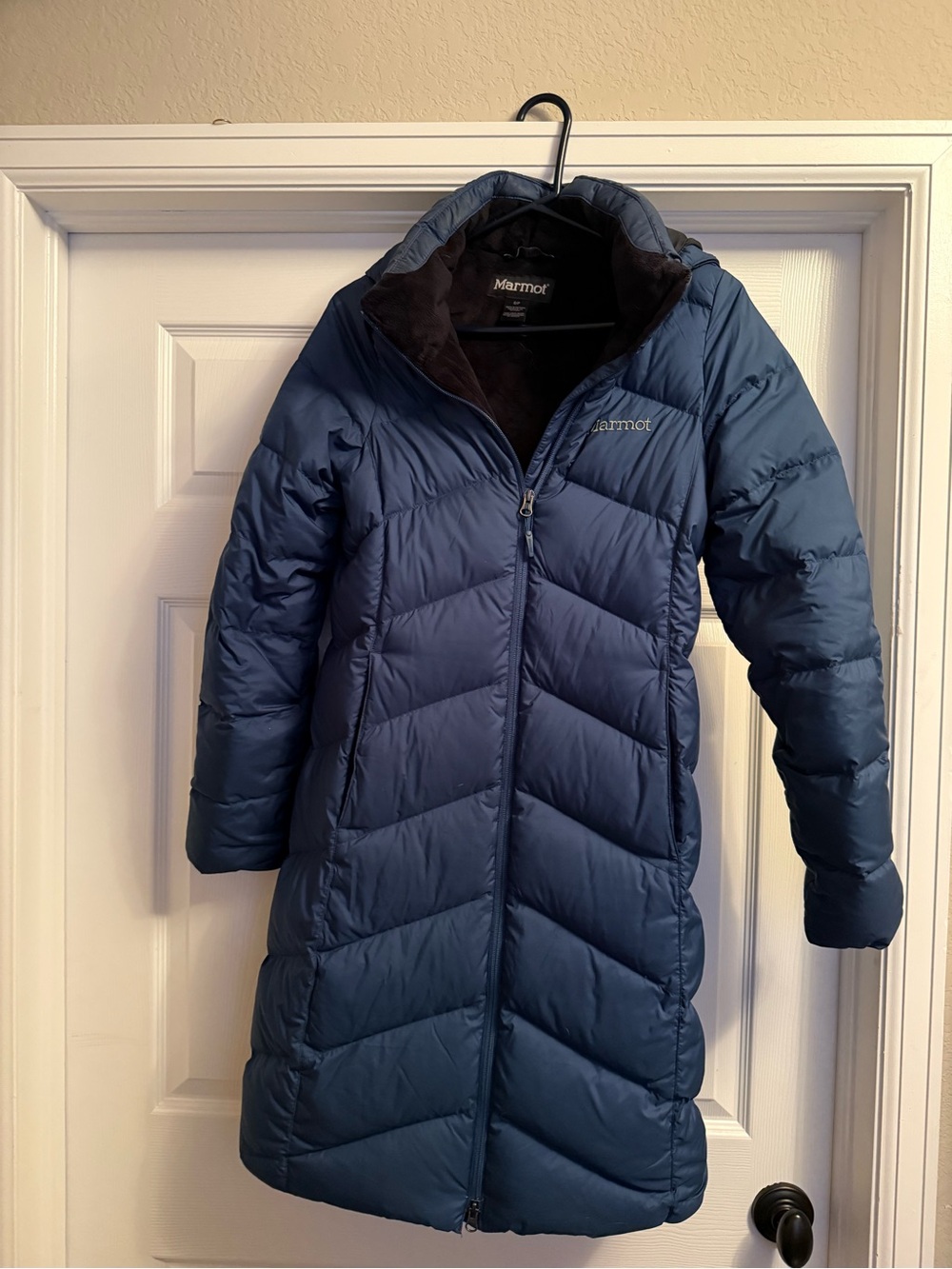 Marmot Women's Long Puffer Coat in Navy Blue